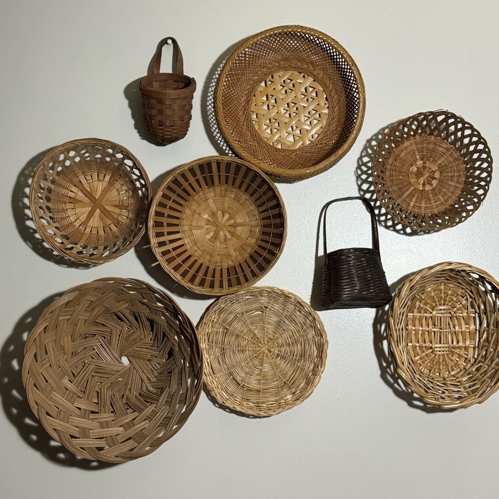 Basket wall hanging gallery Boho vintage art deco wicker rattan round 9 baskets